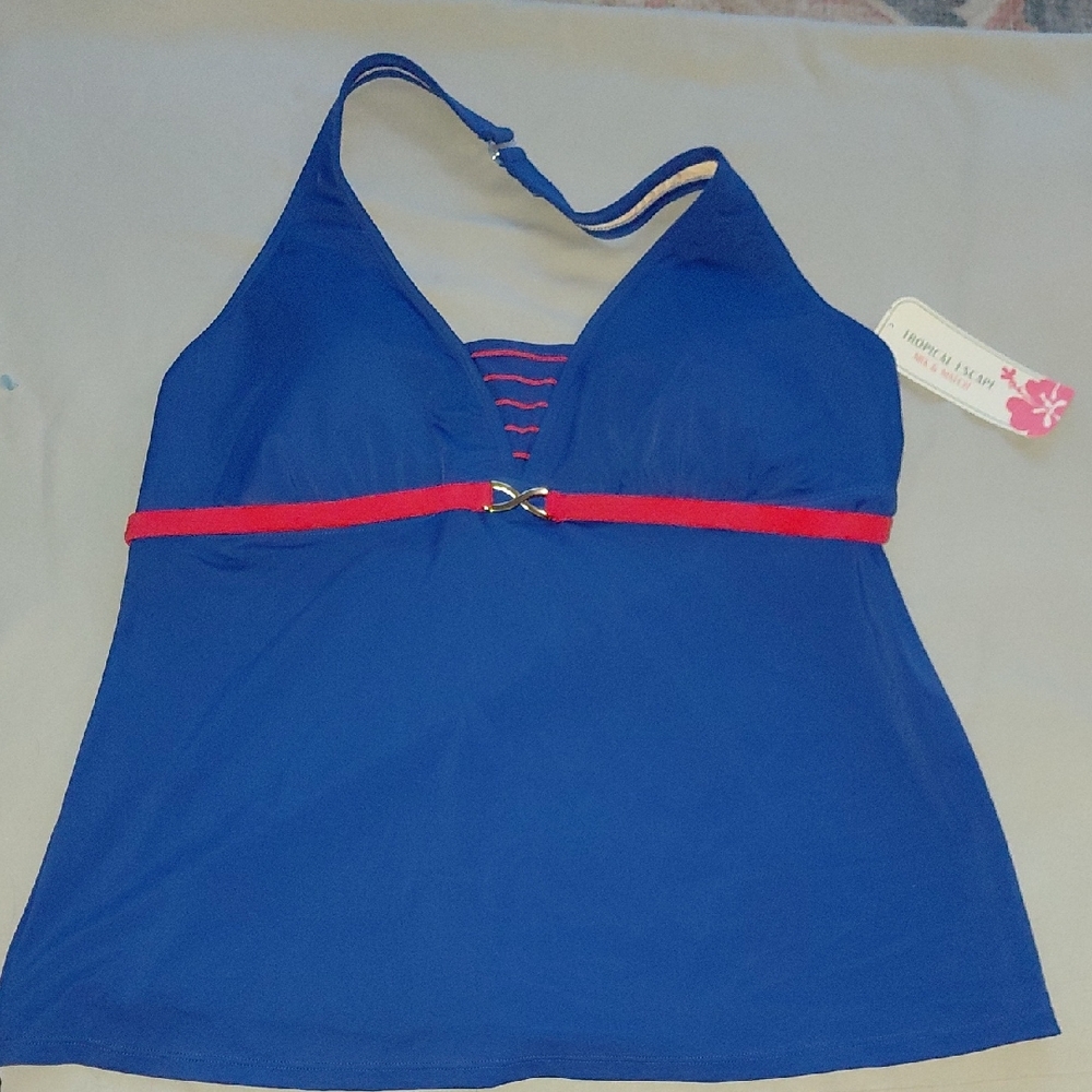 Tropical Escape Royal Blue Swim Top with Red/ Pink Accents Size 16 NWT